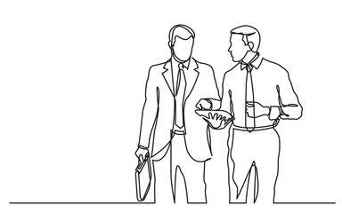 continuous line drawing of two businessmen walking discussing deal