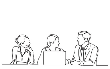 continuous line drawing of three employees talking about work