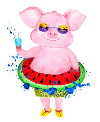 Happy pig enjoys life. Watercolor illustration.
Funny pig in shorts and with an inflatable circle at the waist in a spray of waves. Illustration for printing on mugs, bottles and beverage glasses.