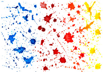 Blots painted with watercolor. Illustration on white background.
Bright watercolor blots of blue, red, orange and yellow. Cool print for printing on clothes, books, notebooks.