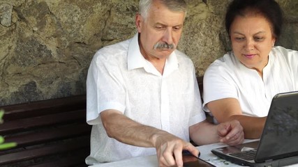 mature senior couple do online shopping on laptop. find a nice proposition man take smartphone and take to his ear ready to call make order. static close side outdoor shot