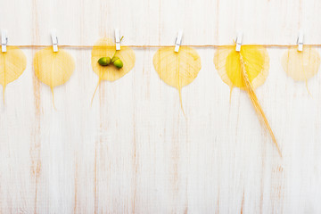 Fall composition. Autumn yellow leaves, oak acorns, wheat hanging with clothespins on wooden background. Flat lay, top view, copy space