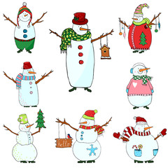 snowmen set on white background, isolated snowman for christmas design.