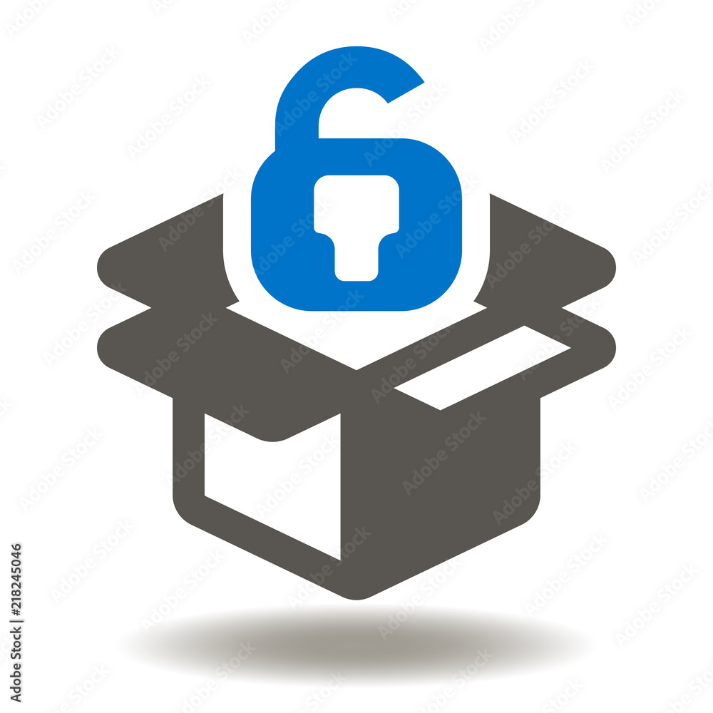 Poster cardboard box with open padlock icon vector. unlock lock and parcel illustration. security post deli