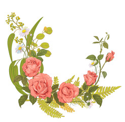 Roses, chamomile (daisy), bouquet pink, red, white flowers, buds, green leaves (fern, eucalyptus, silver dollar) on white background, hand draw sketch in vintage style, horizontal square frame, vector