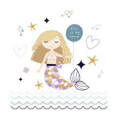 Cute mermaid with gold stars vector illustration