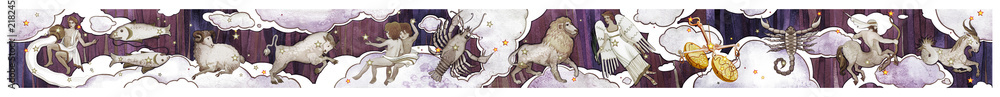 Wall mural set of twelve signs of the zodiac with main libra, watercolor in retro style in line design. isolate
