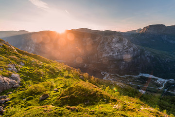 Landscape travel on the way to  the stone of the kjerag in the mountains kjeragbolten of Norway nature, mountains , the feeling of complete freedom 