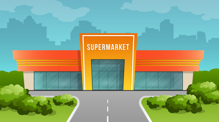 Supermarket building on the city background. Vector image in cartoon flat style. Element of urban infrastructure.