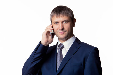 Happy Businessman Talking On Telephone Over White Background