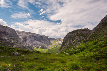 Landscape travel on the way to  the stone of the kjerag in the mountains kjeragbolten of Norway nature, mountains , the feeling of complete freedom 