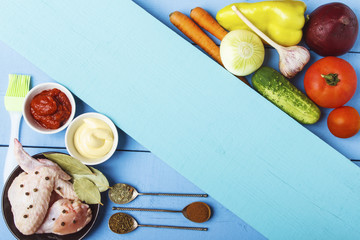 Chicken wings, mayonnaise and tomato paste for dietary food. Organic tomato, cucumber, beetroot,...