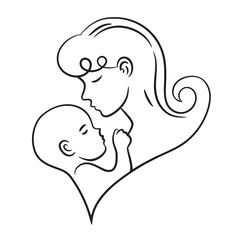 Mother holding child stylized vector symbol.