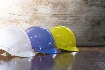 Engineer, electrician and worker 's helmet color as White, Blue and Yellow , PPE  (Personal...