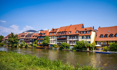 Fototapeta na wymiar The view at the Regniz river and the Little Venice district of the old town in Bamberg, Germany