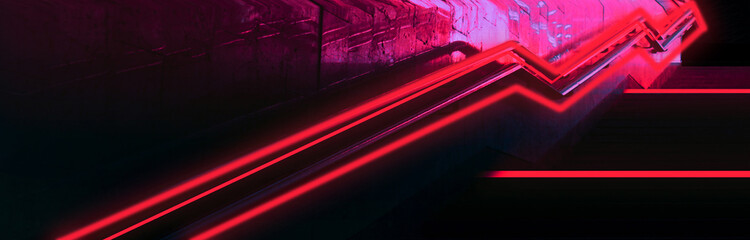 Background of an empty black corridor with neon light. Abstract background with lines and glow