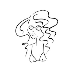 Sketch girl in swimsuit and sunglasses. Vector illustration.