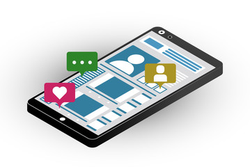 Illustration on the theme of social networking. Smartphone with like mark, comments, friends. Isometry.