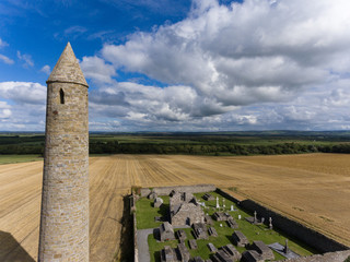 aerial view  of Historic and ancient Rattoo round tower and burial grounds in county kerry Ireland 