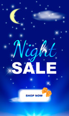 Fototapeta na wymiar Night sale concept with a button. Evening sky with moon, stars and clouds. Vector illustration.