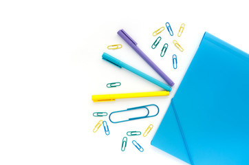 School things school office staff of teenager flat lay pencils pens folders on a white background copybooks