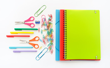 School things school office staff of teenager flat lay pencils pens folders on a white background copybooks