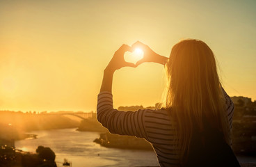 Happy blonde woman - tourist heart of hads, beautiful city view
