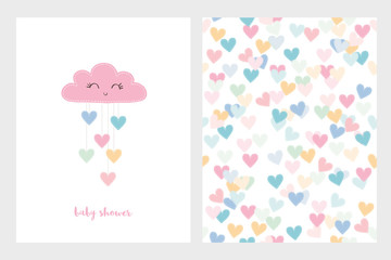 Set of Two Cute Vector Illustrations. Pink Smiling Cloud with Dropping Hearts. Pink Baby Shower Text. White Background. Colorful Bright Hearts Pattern. - obrazy, fototapety, plakaty