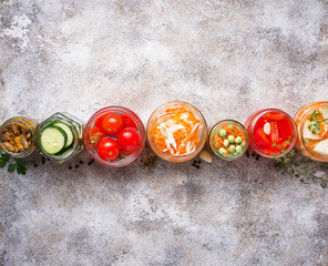 Fermented food. Preserved vegetables in jars