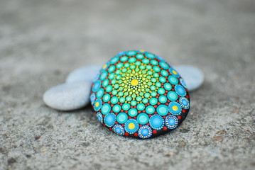 Dot Painted Hypnotizing Meditation Mandala Beach Stone