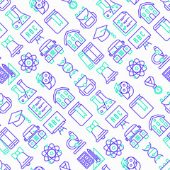Back to school seamless pattern with thin line icons: backpack, bell, book, microscope, knowledge, owl, graduation cap, bus, chemistry, biology, blackboard, physics, exam. Modern vector illustration.