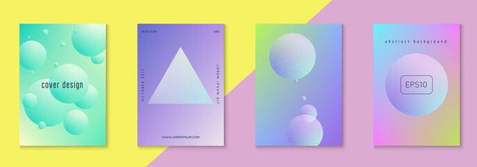 Minimal shapes cover set with holographic fluid. Gradient on vibrant background. Modern hipster template for placard, cover, banner, flyer, presentation, annual. Minimal shapes cover in neon colors.
