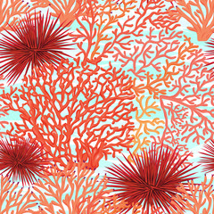 Fototapeta premium Sea world seamless pattern, background with fish, corals and shells on blue sea background. Stock vector illustration.