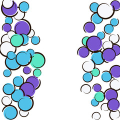 Comic background with pop art polka dot confetti. Big colored spots, spirals and circles on white. Vector illustration. Creative childish splash for birthday party. Rainbow comic background.