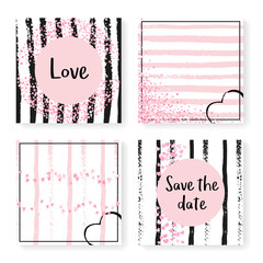 Wedding stripes with glitter confetti. Invitation set. Pink hearts and dots on black and pink background. Design with wedding stripes for party, event, bridal shower, save the date card.