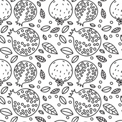 Garnet seamless pattern. Hand drawn fresh pomegranate. Line vector sketch background. Doodle wallpaper. Exotic tropical fruit. Print
