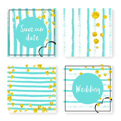 Wedding invite set with glitter confetti and stripes. Gold hearts and dots on mint and white background. Design with wedding invite set for party, event, bridal shower, save the date card.