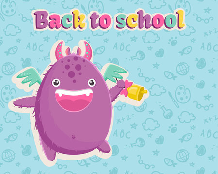 Cute little purple monster with wings is ready for the first day of school with a bell in his paw. Vector illustration.