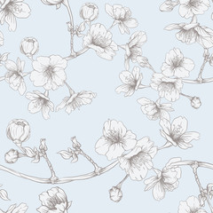 Seamless pattern, background with blooming cherry japanese sakura in vintage blue and beige colors. Stock vector illustration.
