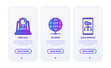 Information technology thin line icons set: video call, network, cloud services. Modern vector illustration for user mobile app.
