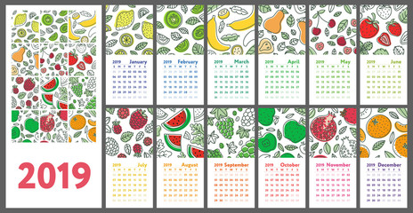 Calendar 2019. Vector English calender. Hand drawn. Fruits, berries. Lemon, kiwi, banana, pear, cherry, strawberry, raspberry, watermelon, grapes, apple, pomegranate and mandarin. Doodle sketch