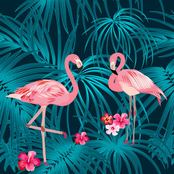Tropical plant seamless pattern with flamingo, tropical leaves of palm tree.