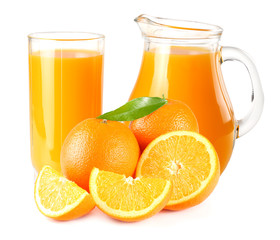 orange juice with orange and green leaf isolated on white background. juice in glass