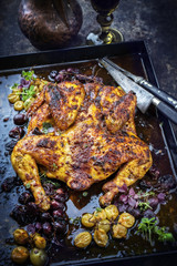 Modern spatchcocked barbecue chicken al mattone chili with red and green grapes as top view on an old metal sheet