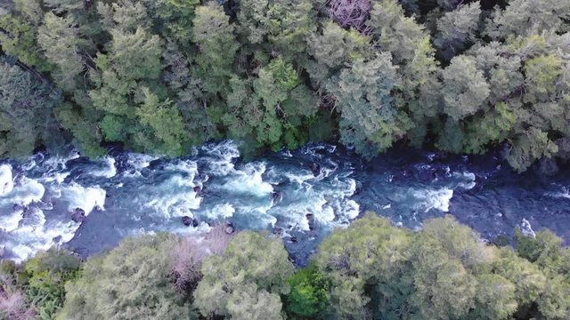 Aerial sunset view of the cautin river, Malalcahuello, Chile
