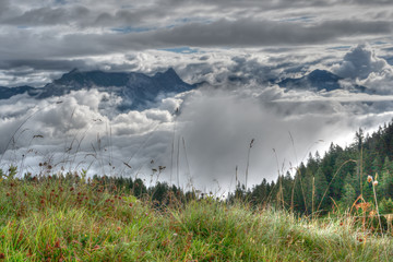 mountain landscape hidden in spectacular cloudscape with a wildflower meadow and forest in the foreground