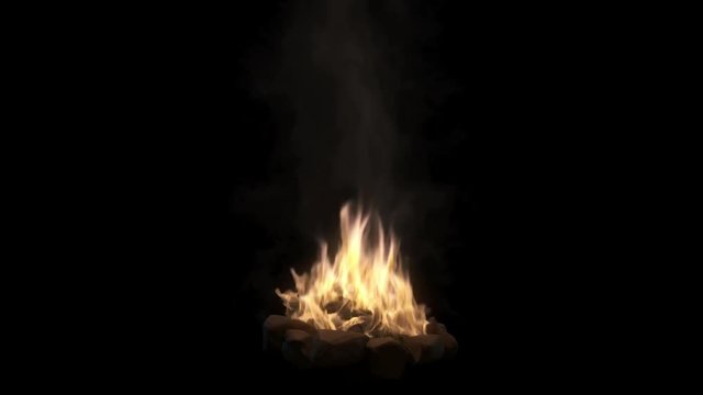 Loopable camp fire with smoke isolated on black background with alpha channel