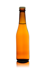 bottle from brown glass with beer sealed by an iron stopper, isolated on a white background
