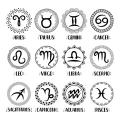 Zodiac icons. Freehand drawing. Can be used for scrapbook, postcards, print, etc.