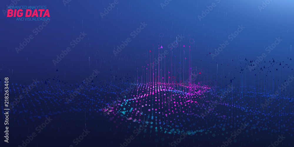 Poster Vector abstract 3D big data visualization. Futuristic infographics aesthetic design. Visual information complexity. Intricate data threads plot. Social network or business analytics representation.